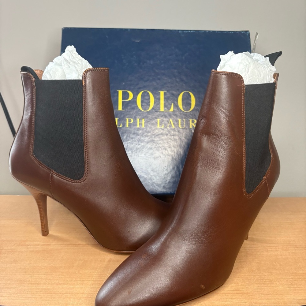 Polo Ralph Lauren Vachetta Calfskin Kitten-Heel Chelsea Boots With Box/ Dustbag